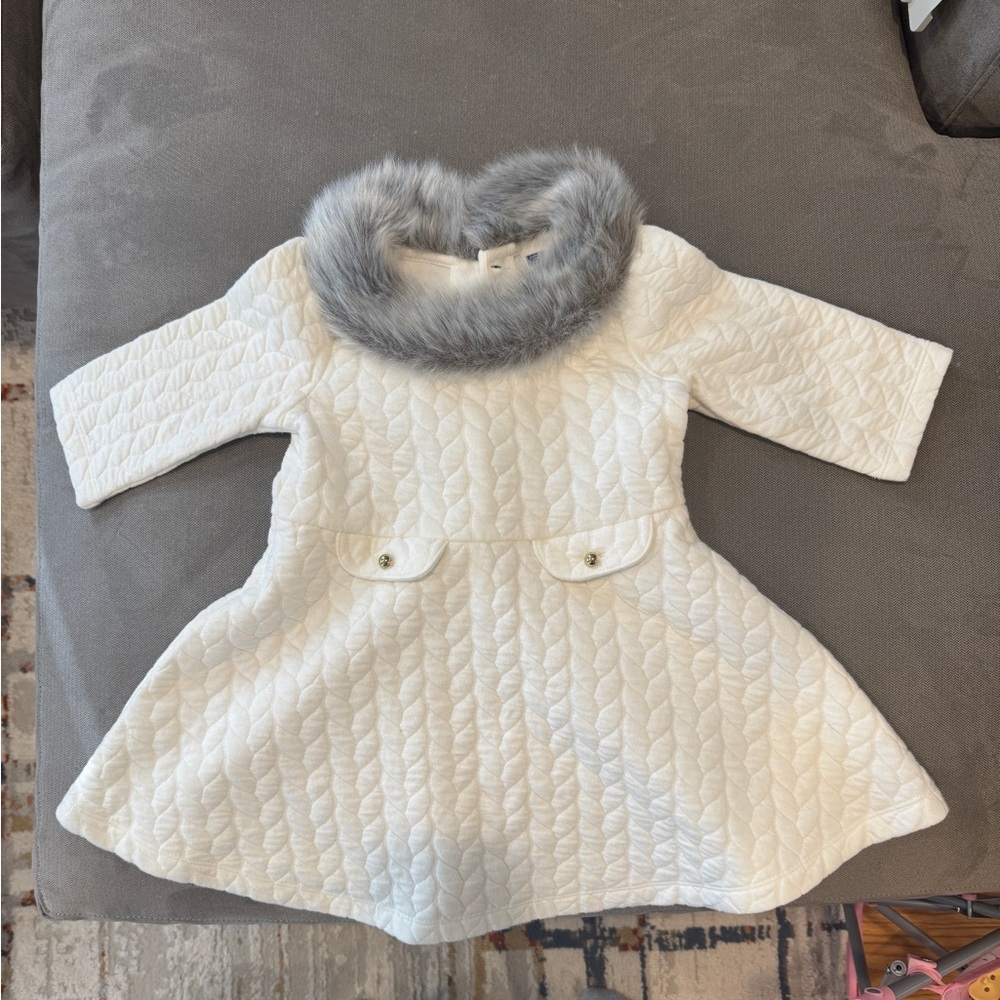 Janie and Jack White Quilted Cape with Gray Faux Fur Collar